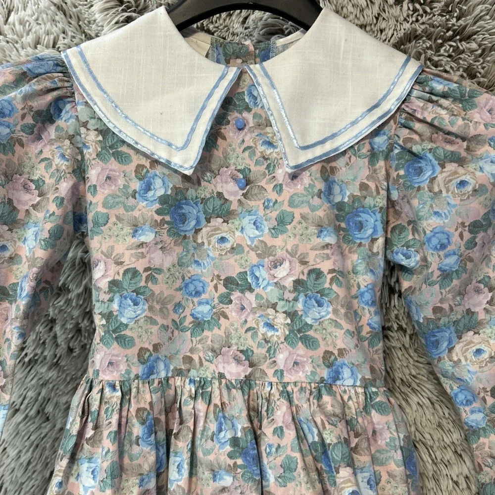 Vtg Debut Prairie Dress Girls Size 7 Ruffled Floral Cottagecore USA Long Sleeve